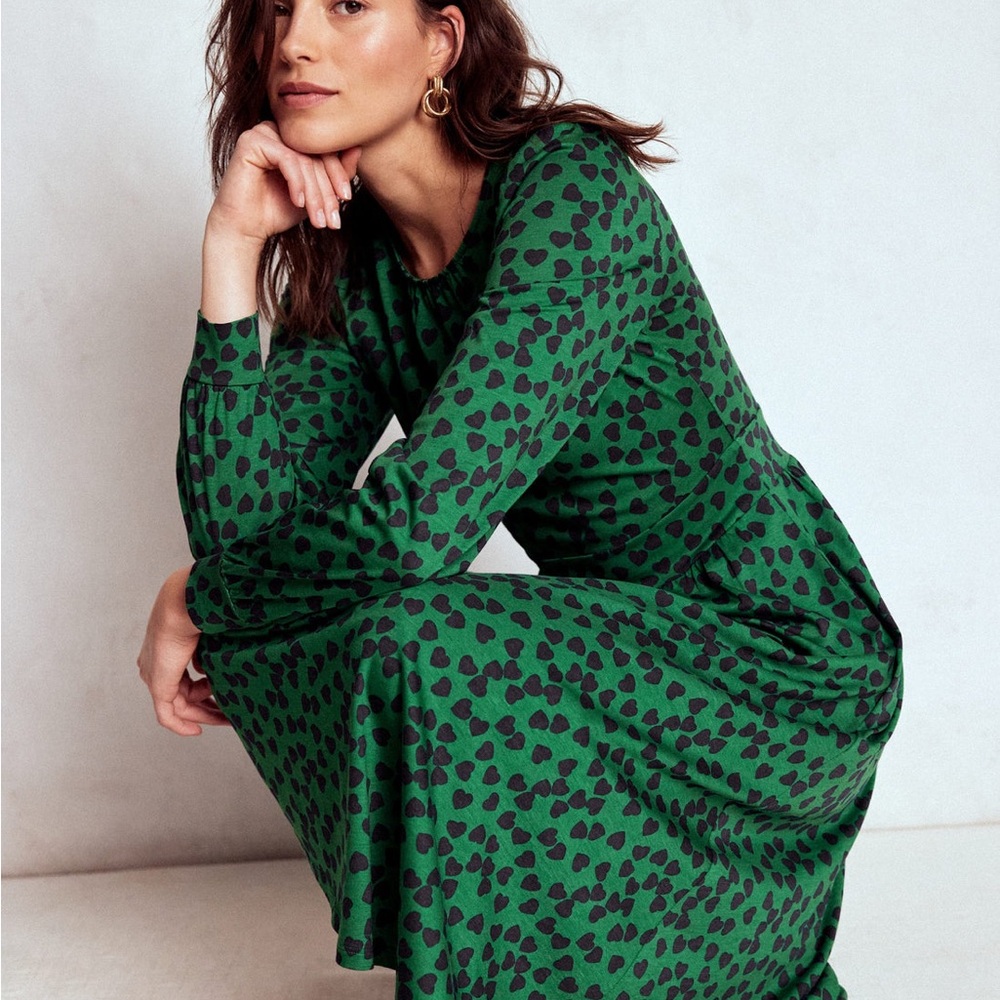 Boden NWT Alexandra Jersey Midi Dress Green Navy Hearts size US 14 R